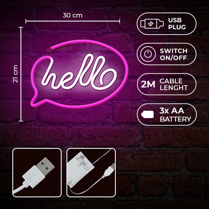 Neon LED Forever Light, Hello, dimensiuni 300 x 20 x 210mm, roz alb, cablu USB cu lungime 2m, alimentare USB sau 3xAA