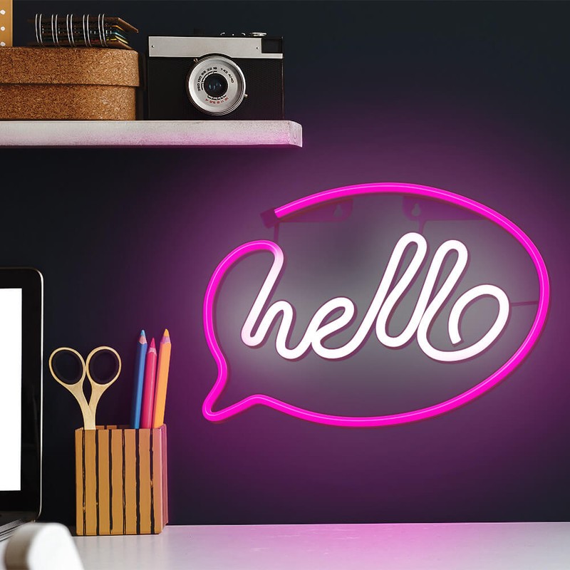 Neon LED Forever Light, Hello, dimensiuni 300 x 20 x 210mm, roz alb, cablu USB cu lungime 2m, alimentare USB sau 3xAA