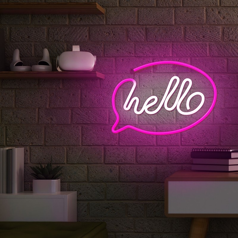 Neon LED Forever Light, Hello, dimensiuni 300 x 20 x 210mm, roz alb, cablu USB cu lungime 2m, alimentare USB sau 3xAA