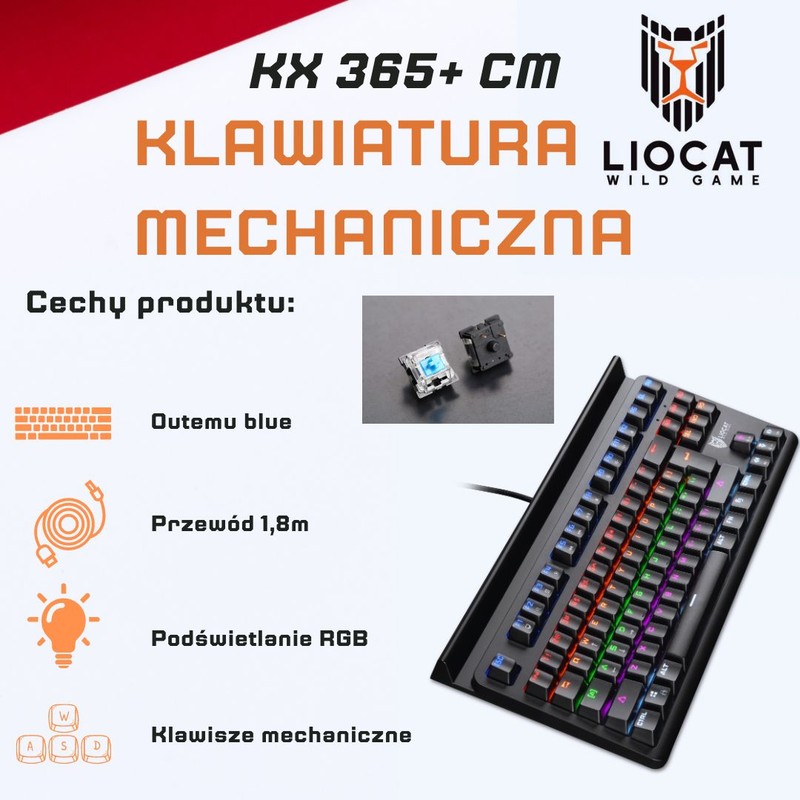 Tastatura mecanica Liocat gaming Kx 365+ Cm, Outemu Blue, qwerty, cablu USB 1.8m, anti-ghost, RGB, Neagra