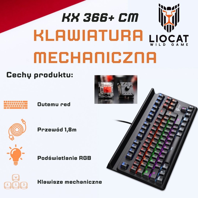 Tastatura mecanica Liocat gaming Kx 366+ Cm, Outemu Red, qwerty, cablu USB 1.8m, anti-ghost, RGB, Neagra