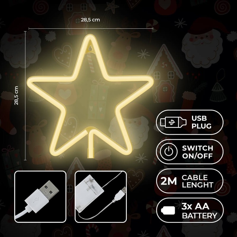 Neon LED Forever Light, Christmas Pentastar, dimensiuni 285 x 20 x 285mm, cablu USB cu lungime 2m, alimentare USB sau 3xAA, alb