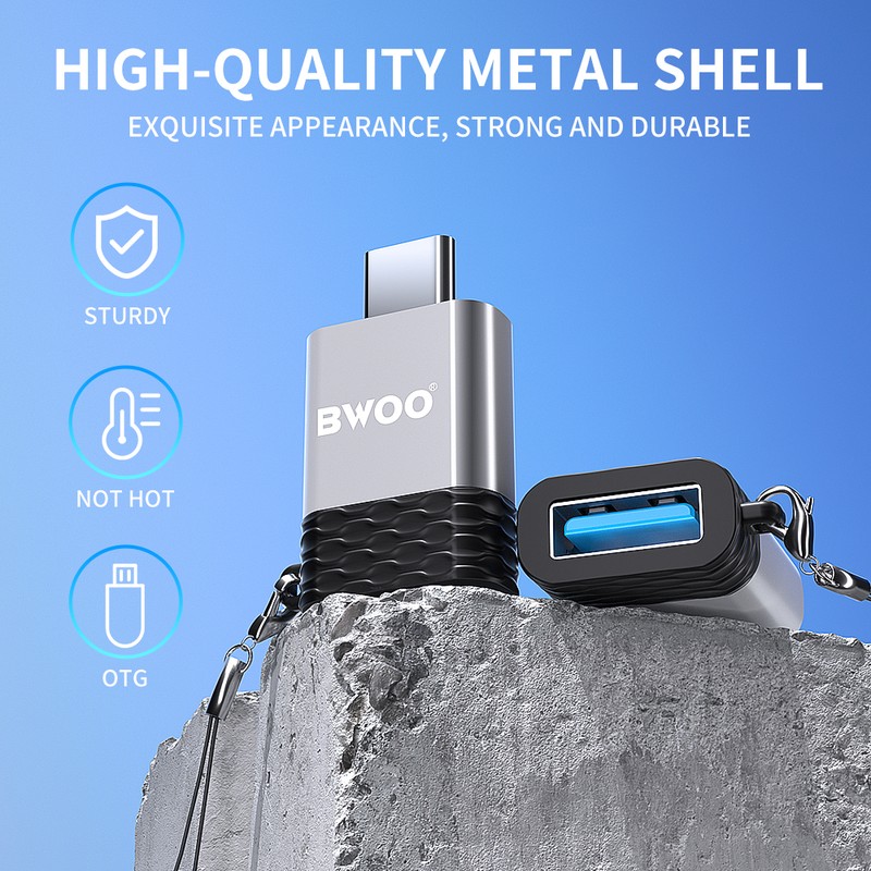 Adaptor OTG BWOO BZ-35, USB-C tata la USB mama, 2.4A, interfata USB 2.0. dimensiuni 31 x 21 x 9mm, gri