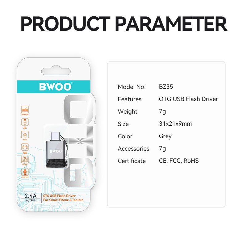 Adaptor OTG BWOO BZ-35, USB-C tata la USB mama, 2.4A, interfata USB 2.0. dimensiuni 31 x 21 x 9mm, gri