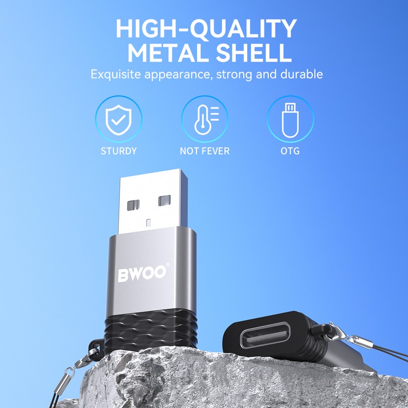 Adaptor OTG BWOO BZ-38, USB tata la USB-C mama, 2.4A, interfata USB 2.0, dimensiuni 35 x 19.3 x 7.1 mm, gri