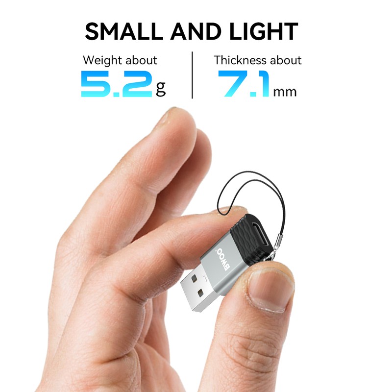 Adaptor OTG BWOO BZ-38, USB tata la USB-C mama, 2.4A, interfata USB 2.0, dimensiuni 35 x 19.3 x 7.1 mm, gri