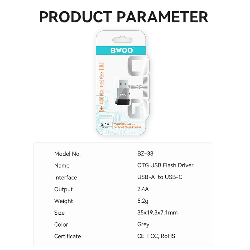 Adaptor OTG BWOO BZ-38, USB tata la USB-C mama, 2.4A, interfata USB 2.0, dimensiuni 35 x 19.3 x 7.1 mm, gri