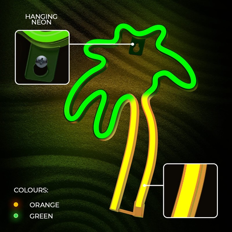 Neon LED Neolia, Palm, dimensiuni 180 x 20 x 262mm, verde portocaliu, cablu USB cu lungime 2m, alimentare USB sau 3xAA