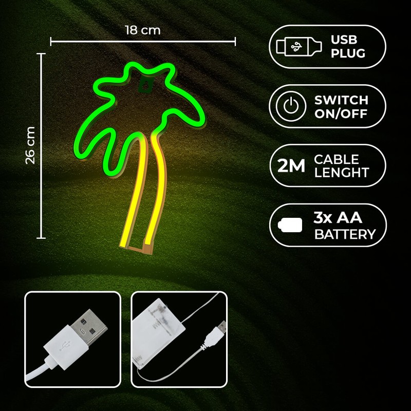 Neon LED Neolia, Palm, dimensiuni 180 x 20 x 262mm, verde portocaliu, cablu USB cu lungime 2m, alimentare USB sau 3xAA