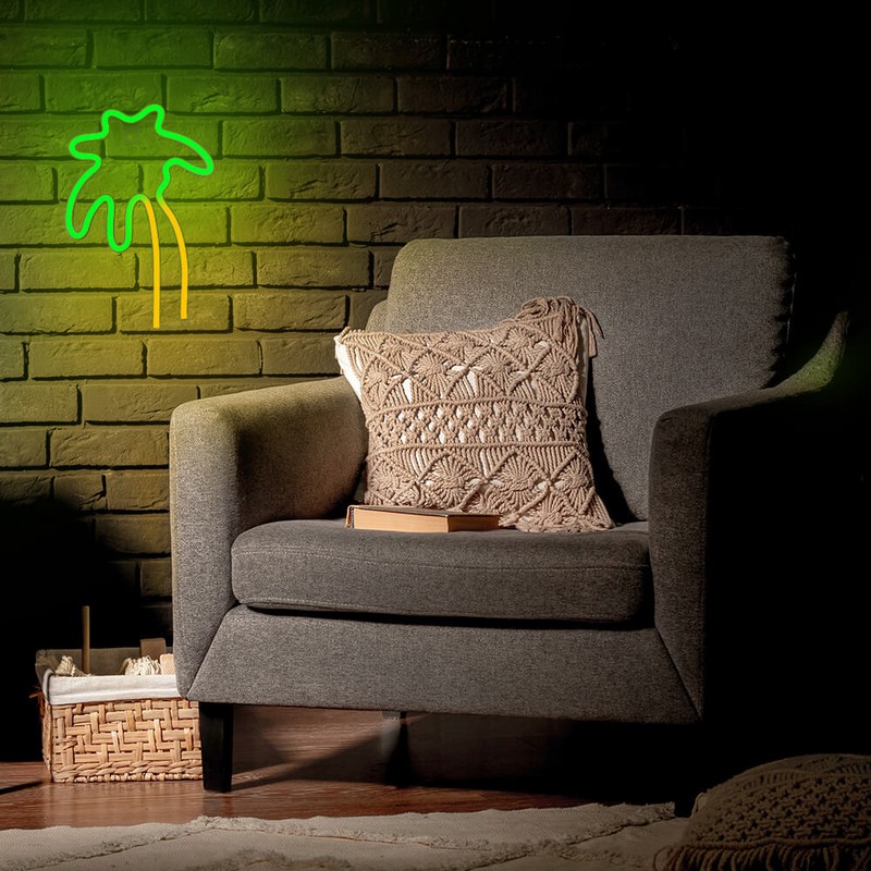 Neon LED Neolia, Palm, dimensiuni 180 x 20 x 262mm, verde portocaliu, cablu USB cu lungime 2m, alimentare USB sau 3xAA