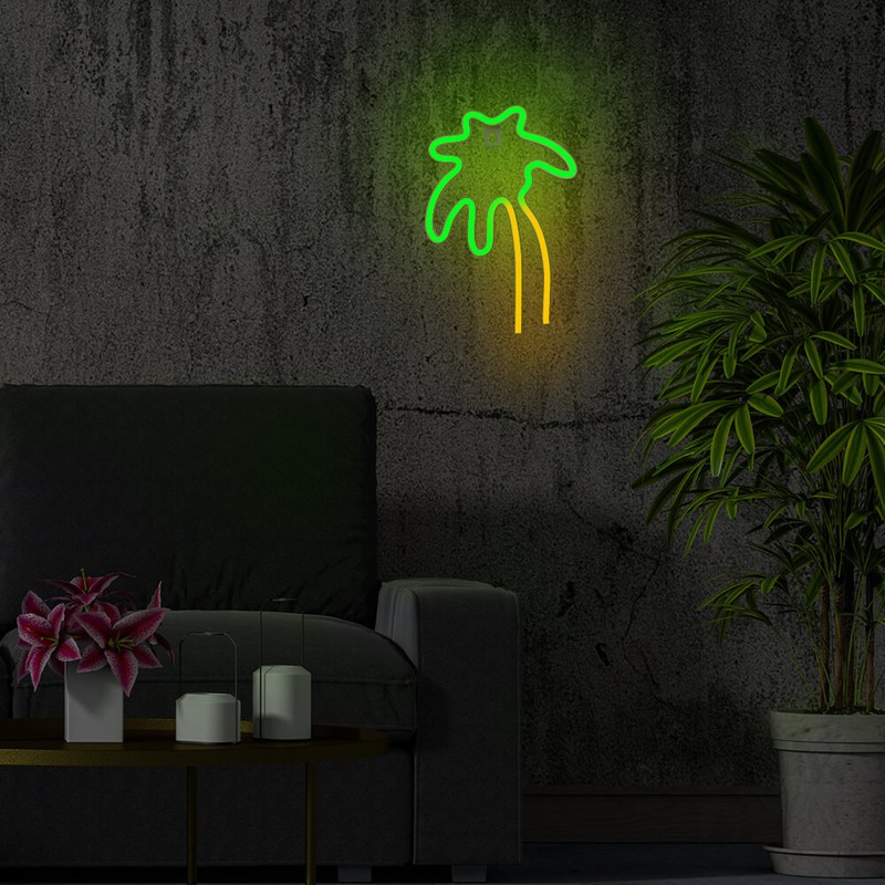 Neon LED Neolia, Palm, dimensiuni 180 x 20 x 262mm, verde portocaliu, cablu USB cu lungime 2m, alimentare USB sau 3xAA