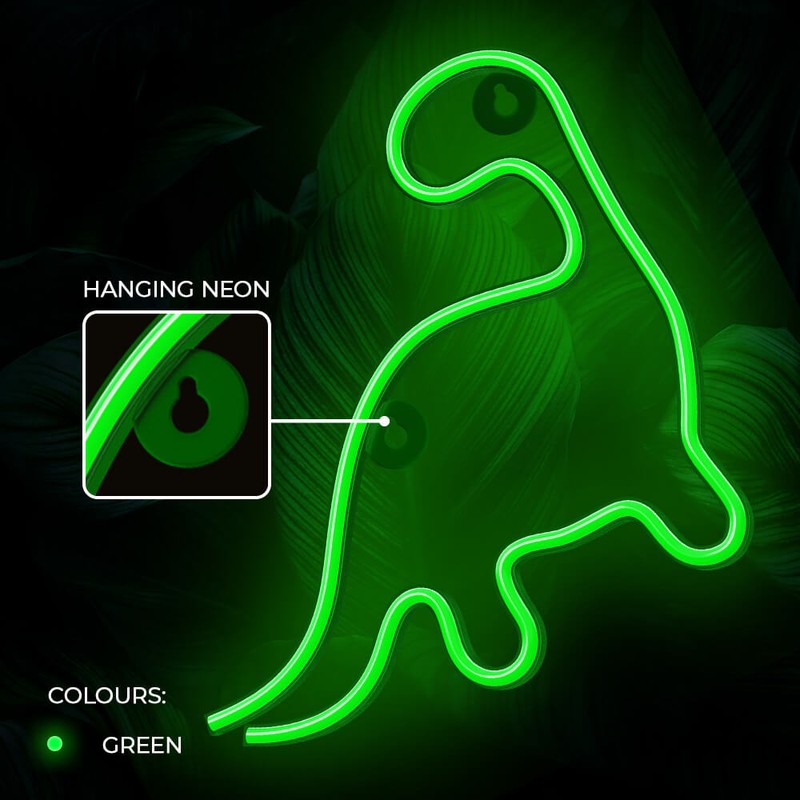 Neon LED Neolia, Dinosaur, dimensiuni 245 x 20 x 235mm, cablu USB lungime 2m, alimentare USB sau 3xAA, verde