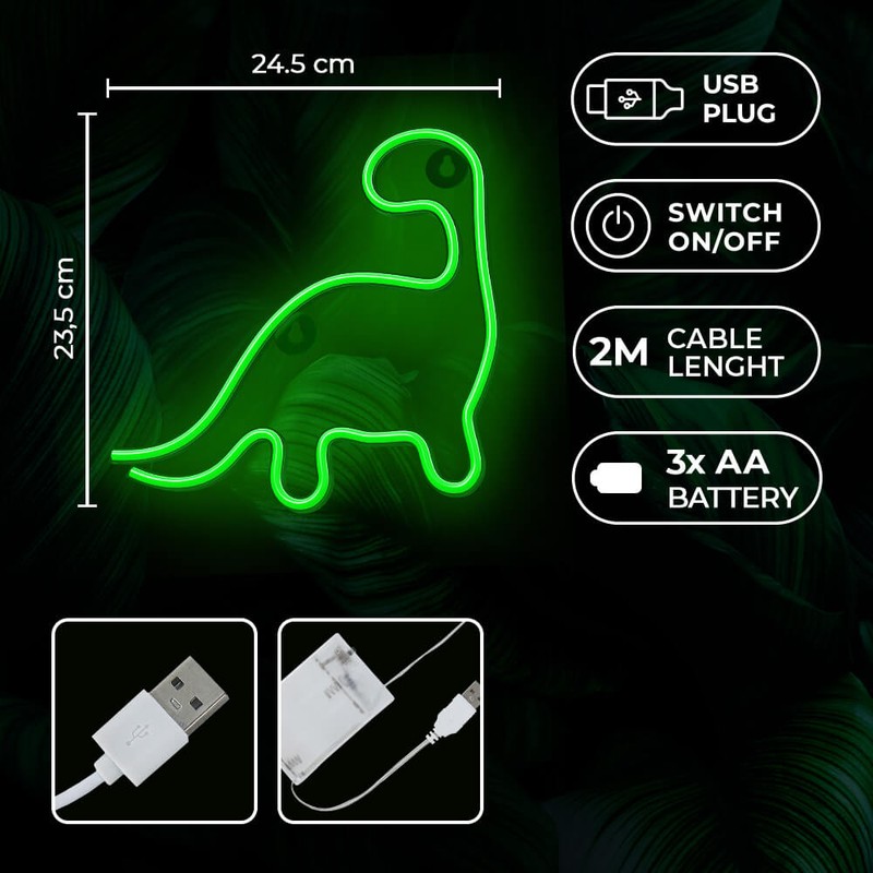 Neon LED Neolia, Dinosaur, dimensiuni 245 x 20 x 235mm, cablu USB lungime 2m, alimentare USB sau 3xAA, verde