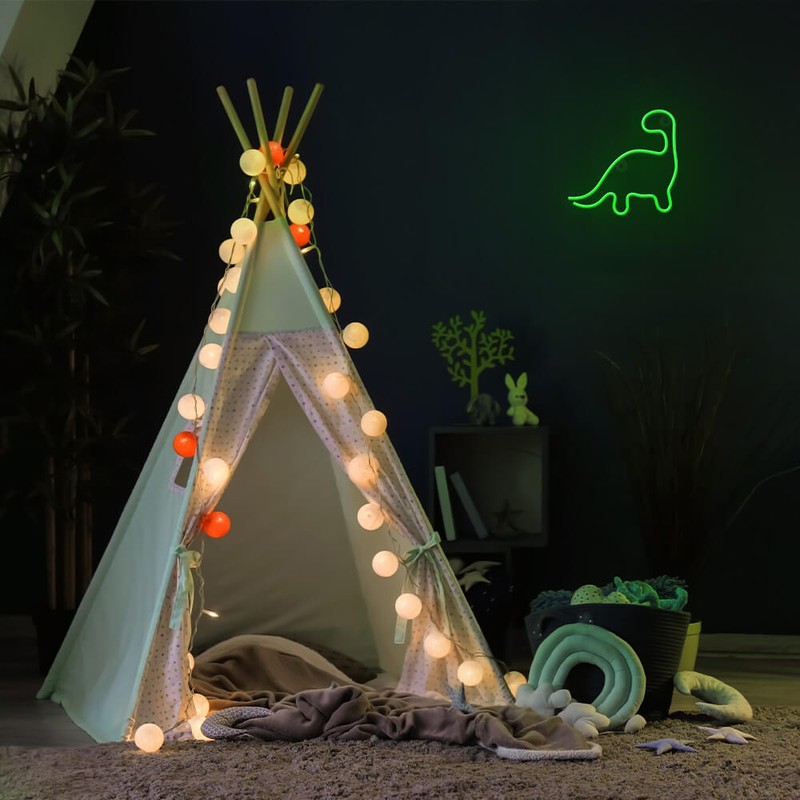 Neon LED Neolia, Dinosaur, dimensiuni 245 x 20 x 235mm, cablu USB lungime 2m, alimentare USB sau 3xAA, verde