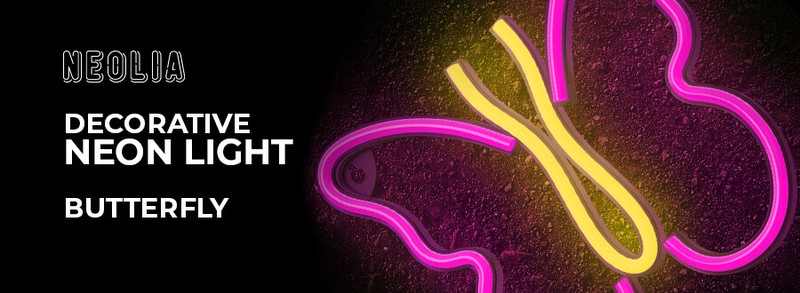 Neon LED Neolia, Butterfly, dimensiuni 190 x 19 x 225mm, cablu USB cu lungime 2m, alimentare USB sau 3xAA, roz