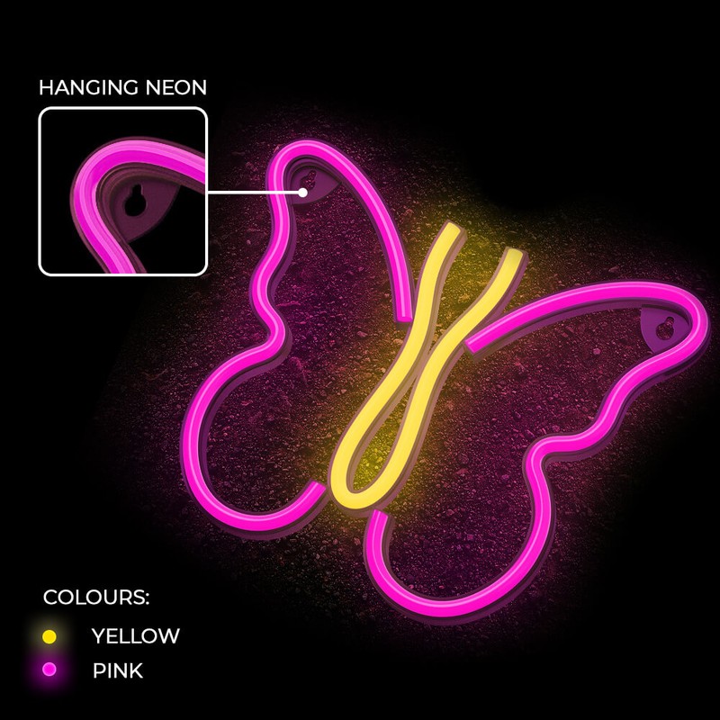 Neon LED Neolia, Butterfly, dimensiuni 190 x 19 x 225mm, cablu USB cu lungime 2m, alimentare USB sau 3xAA, roz