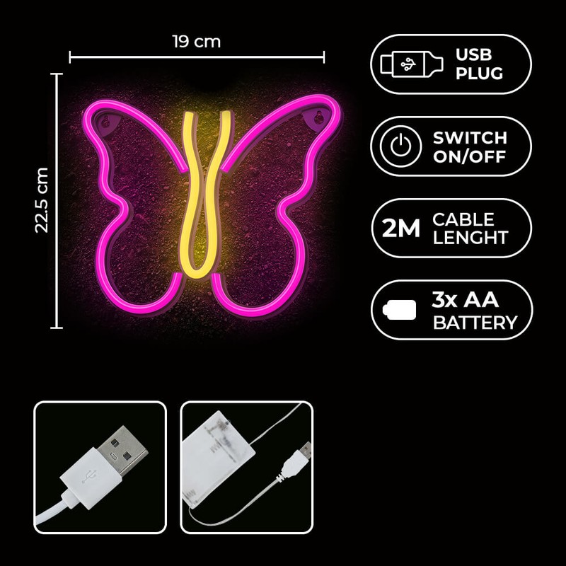 Neon LED Neolia, Butterfly, dimensiuni 190 x 19 x 225mm, cablu USB cu lungime 2m, alimentare USB sau 3xAA, roz