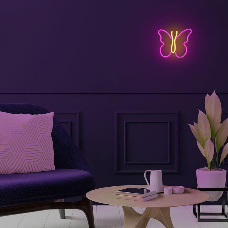 Neon LED Neolia, Butterfly, dimensiuni 190 x 19 x 225mm, cablu USB cu lungime 2m, alimentare USB sau 3xAA, roz