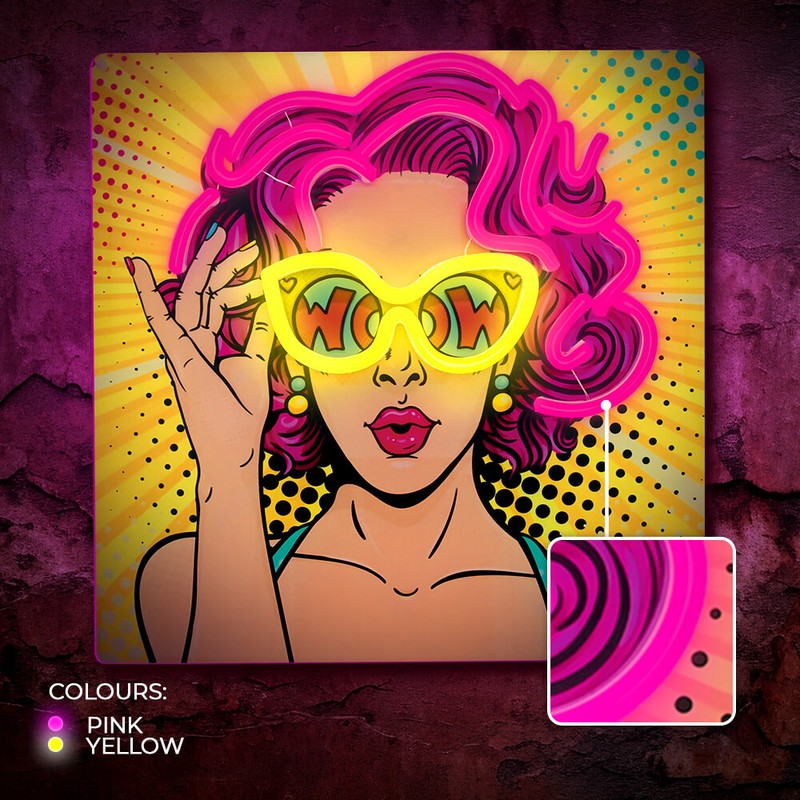 Neon LED Forever Light, Power Woman, dimensiuni 320 x 18 x 320mm, galben mov, cablu USB cu lungime 2m