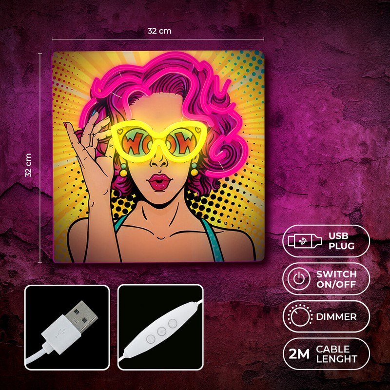 Neon LED Forever Light, Power Woman, dimensiuni 320 x 18 x 320mm, galben mov, cablu USB cu lungime 2m
