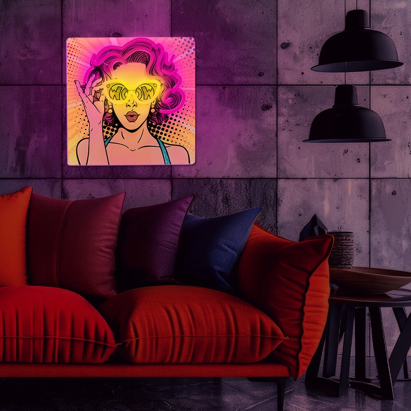 Neon LED Forever Light, Power Woman, dimensiuni 320 x 18 x 320mm, galben mov, cablu USB cu lungime 2m