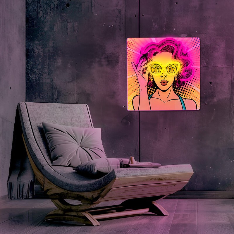 Neon LED Forever Light, Power Woman, dimensiuni 320 x 18 x 320mm, galben mov, cablu USB cu lungime 2m