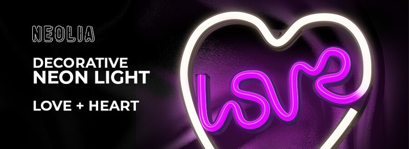 Neon LED Neolia, Love Heart, mov alb, dimensiuni 150 x 20 x 290mm, cablu USB lungime 2m, alimentare USB sau 3xAA
