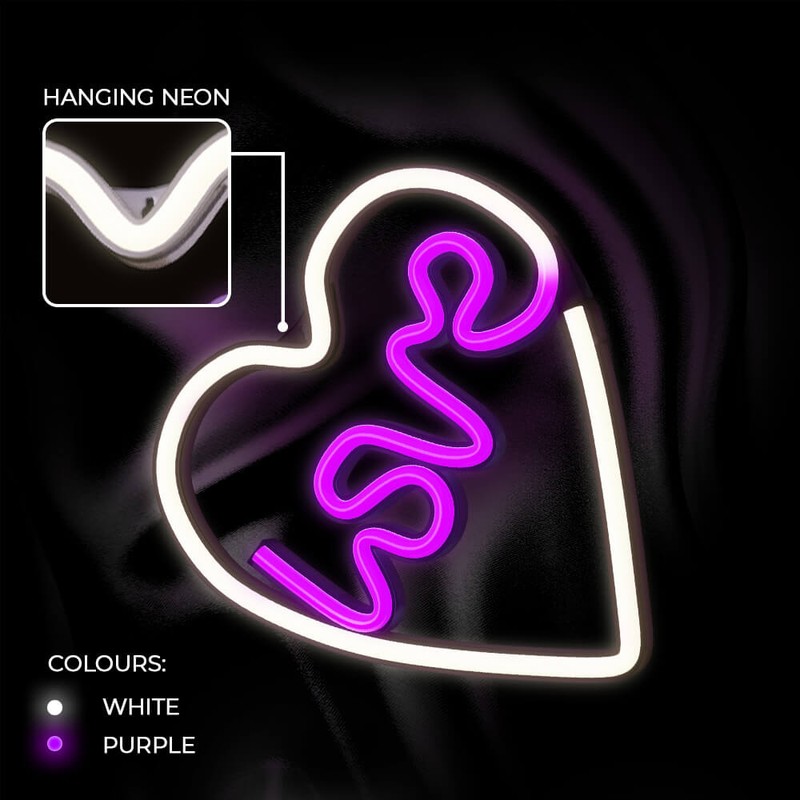 Neon LED Neolia, Love Heart, mov alb, dimensiuni 150 x 20 x 290mm, cablu USB lungime 2m, alimentare USB sau 3xAA