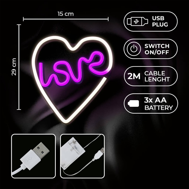 Neon LED Neolia, Love Heart, mov alb, dimensiuni 150 x 20 x 290mm, cablu USB lungime 2m, alimentare USB sau 3xAA