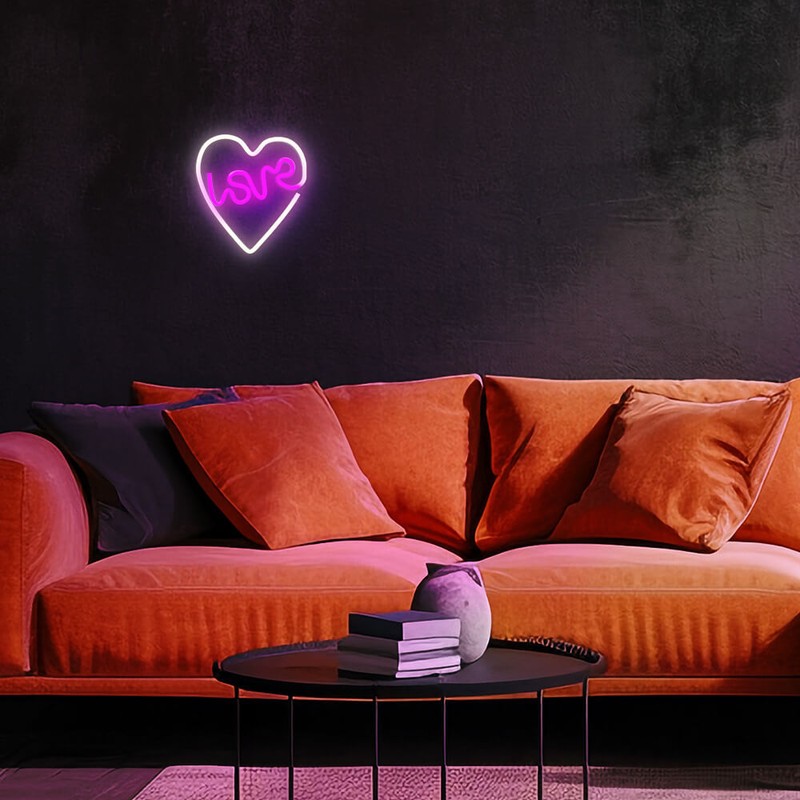 Neon LED Neolia, Love Heart, mov alb, dimensiuni 150 x 20 x 290mm, cablu USB lungime 2m, alimentare USB sau 3xAA
