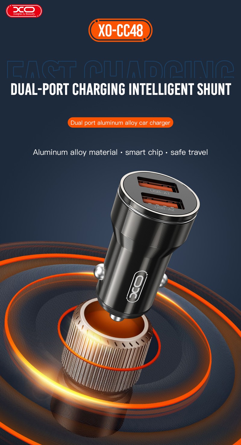 Incarcator auto XO CC48, 2.4 A, 2x USB, negru