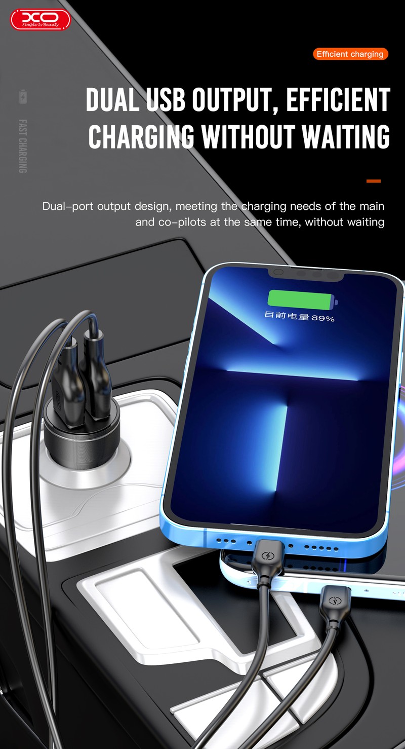 Incarcator auto XO CC48, 2.4 A, 2x USB, negru