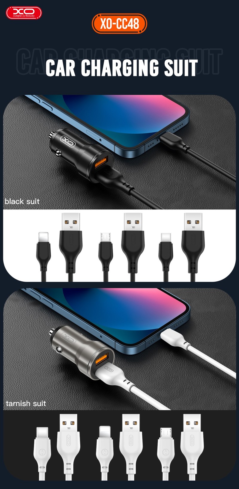 Incarcator auto XO CC48, 2.4 A, 2x USB, cu cablu USB-C, negru
