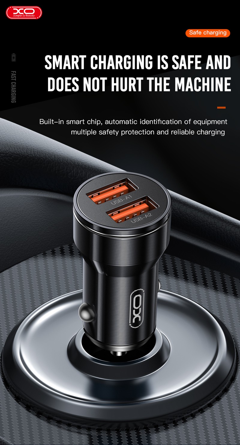Incarcator auto XO CC48, 2.4 A, 2x USB, cu cablu USB-C, negru