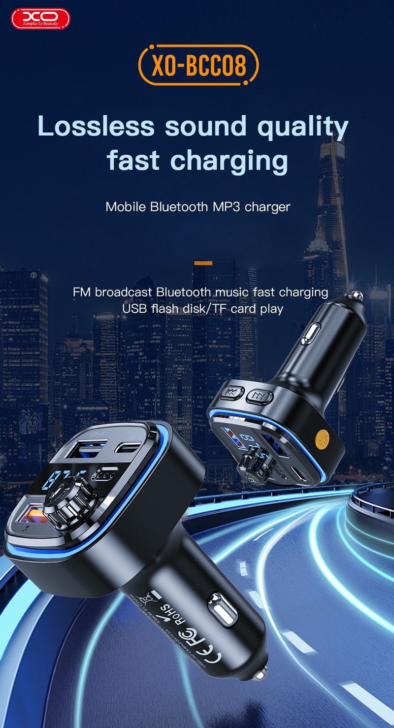 Transmitator FM XO BCC08 Bluetooth MP3 incarcator auto 3,1A, USB tip A, USB-C, 15 W, 3,10 A, Negru