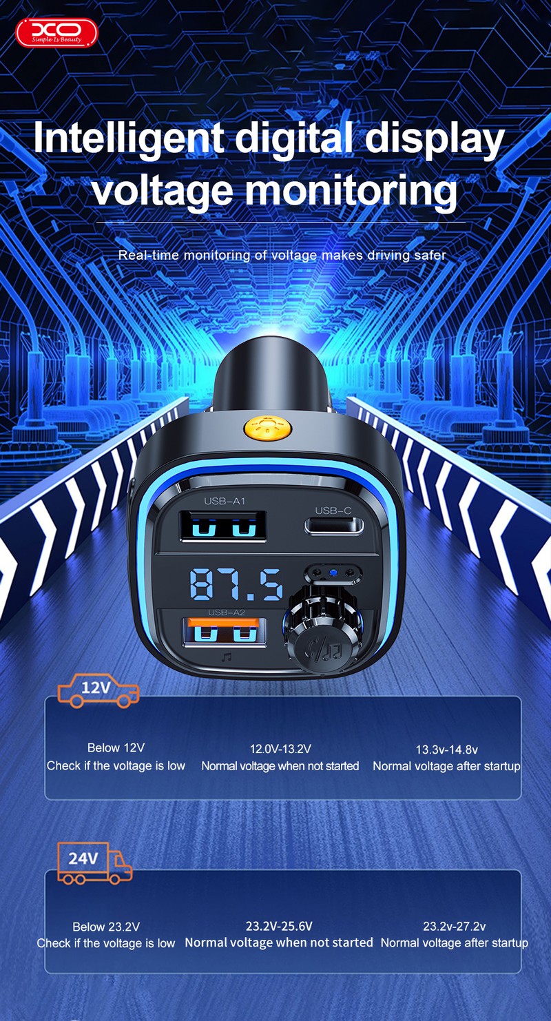Transmitator FM XO BCC08 Bluetooth MP3 incarcator auto 3,1A, USB tip A, USB-C, 15 W, 3,10 A, Negru