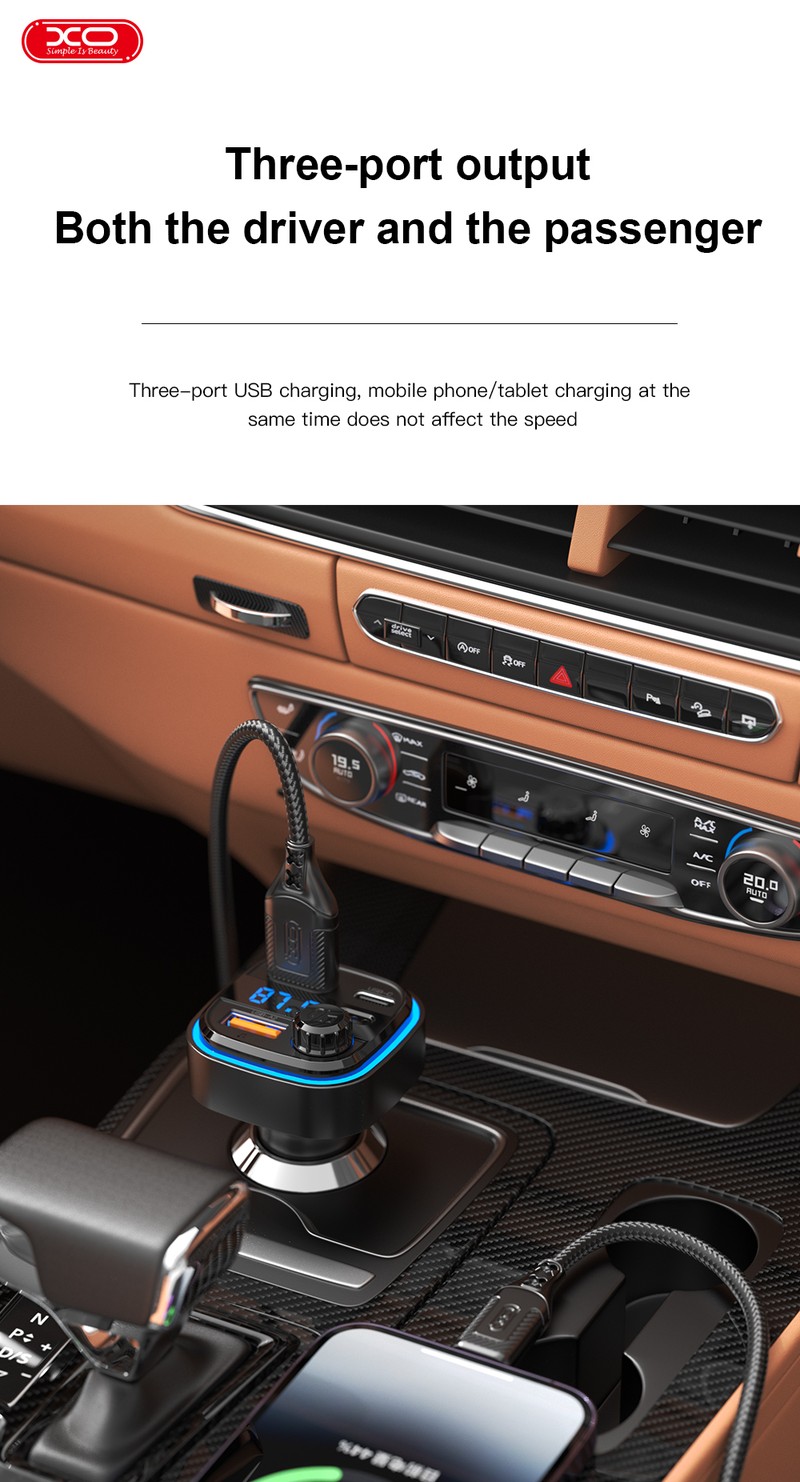 Transmitator FM XO BCC08 Bluetooth MP3 incarcator auto 3,1A, USB tip A, USB-C, 15 W, 3,10 A, Negru