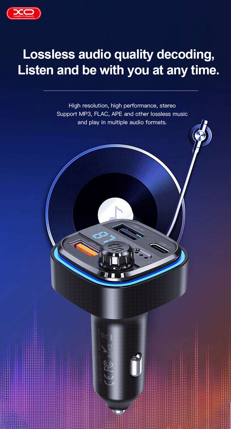Transmitator FM XO BCC08 Bluetooth MP3 incarcator auto 3,1A, USB tip A, USB-C, 15 W, 3,10 A, Negru