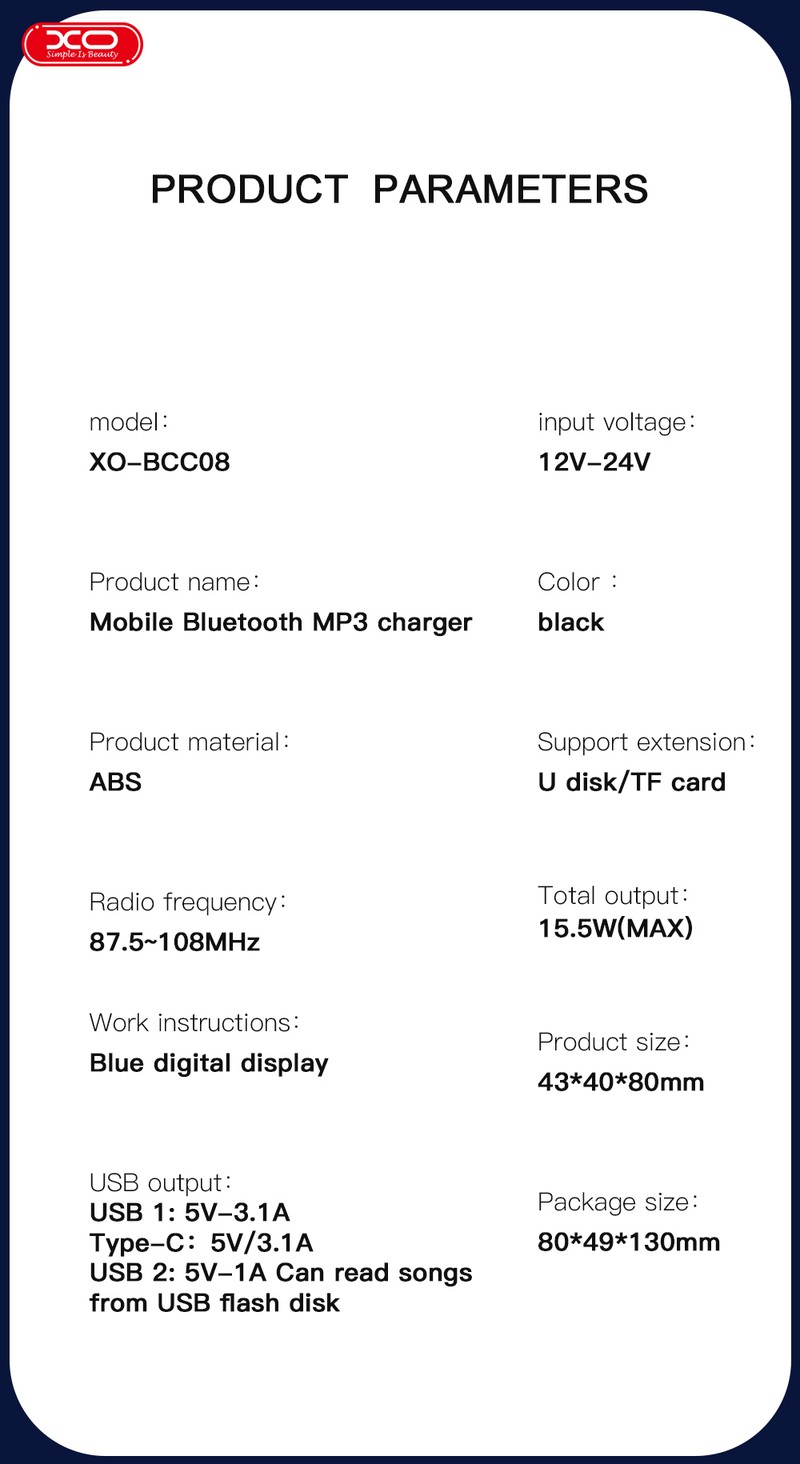 Transmitator FM XO BCC08 Bluetooth MP3 incarcator auto 3,1A, USB tip A, USB-C, 15 W, 3,10 A, Negru