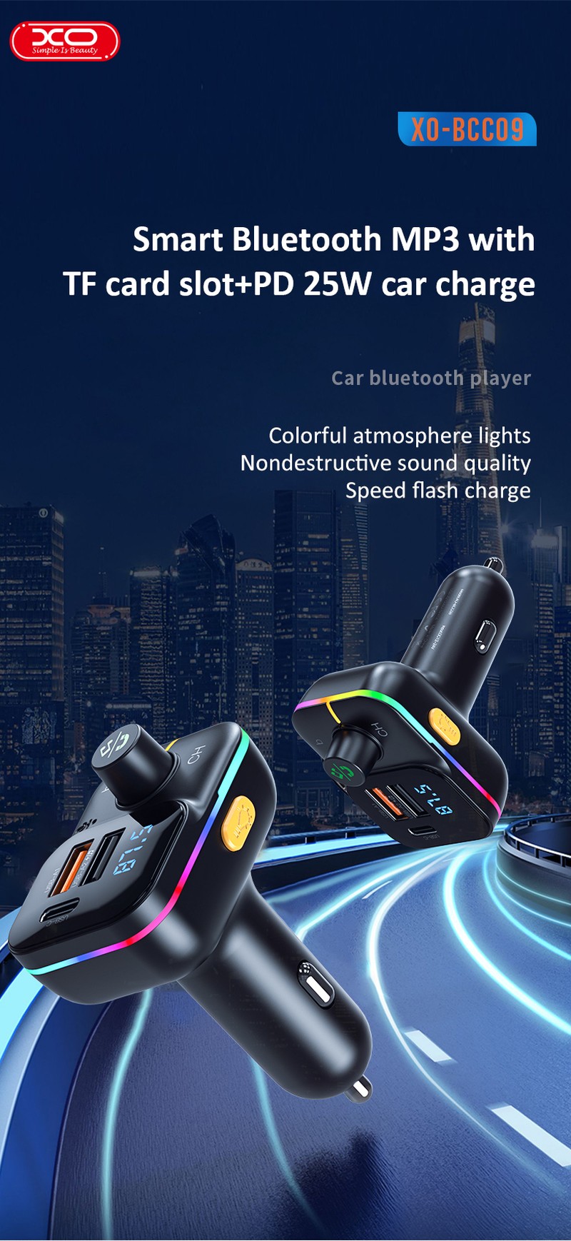Transmitator FM XO BCC09 Bluetooth MP3 incarcator auto 25W, USB tip A, USB-C, 3,10 A, Negru