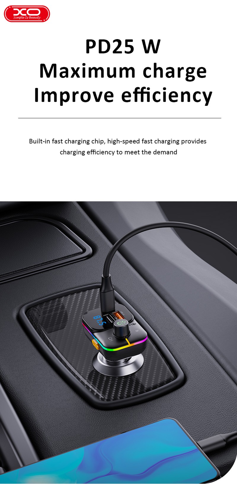 Transmitator FM XO BCC09 Bluetooth MP3 incarcator auto 25W, USB tip A, USB-C, 3,10 A, Negru