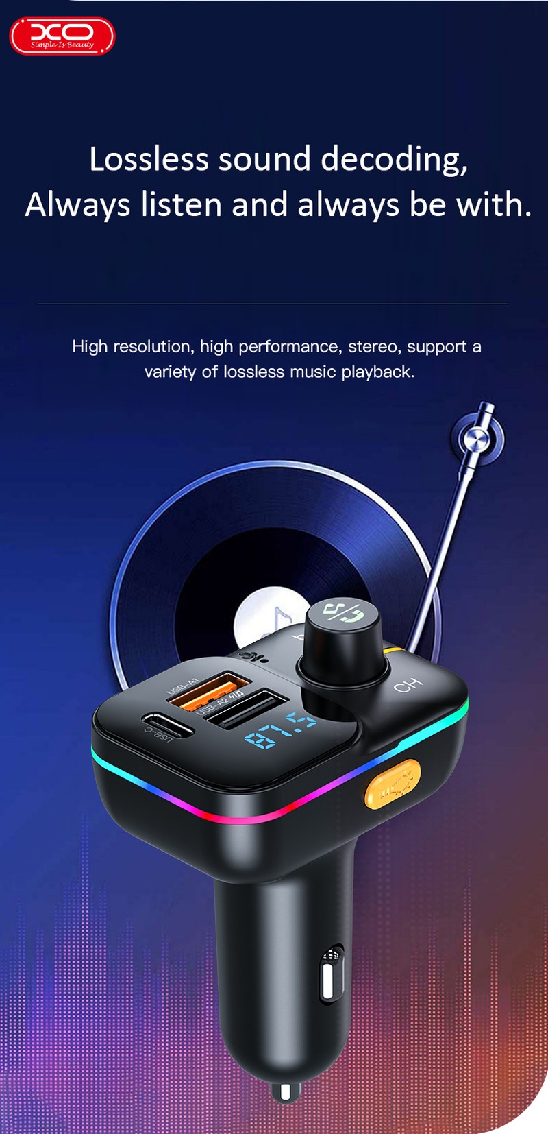 Transmitator FM XO BCC09 Bluetooth MP3 incarcator auto 25W, USB tip A, USB-C, 3,10 A, Negru