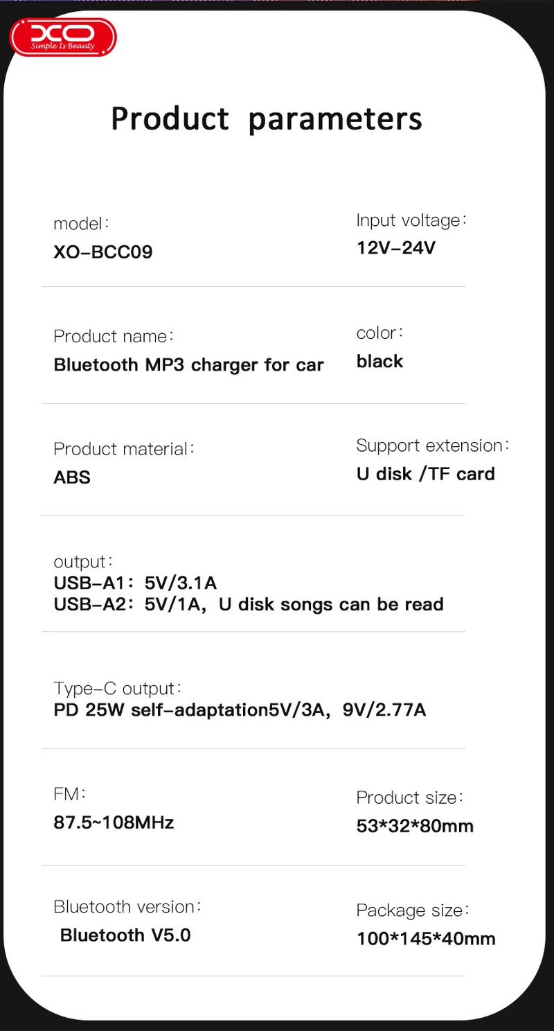 Transmitator FM XO BCC09 Bluetooth MP3 incarcator auto 25W, USB tip A, USB-C, 3,10 A, Negru