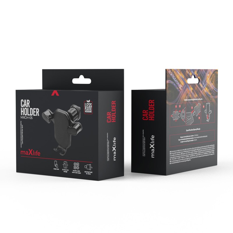 Suport auto universal pentru smartphone, Maxlife MXCH-05, pentru prindere pe grila de ventilatie a masinii, pozitie reglabila, negru