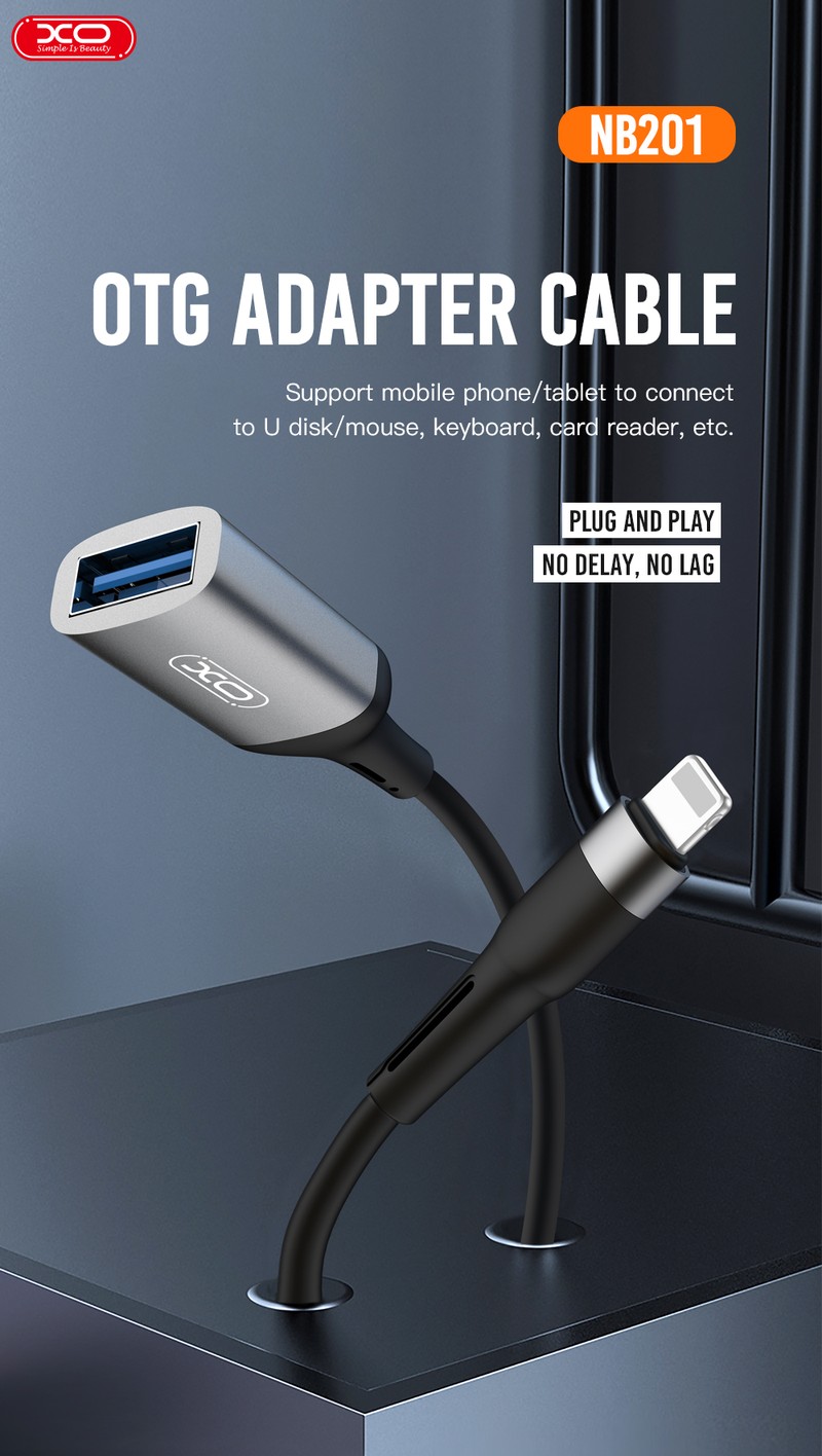 Adaptor OTG XO NB201, USB-C tata la USB 2.0 mama, cablu 0.15m, pentru date si incarcare, in cutie, negru