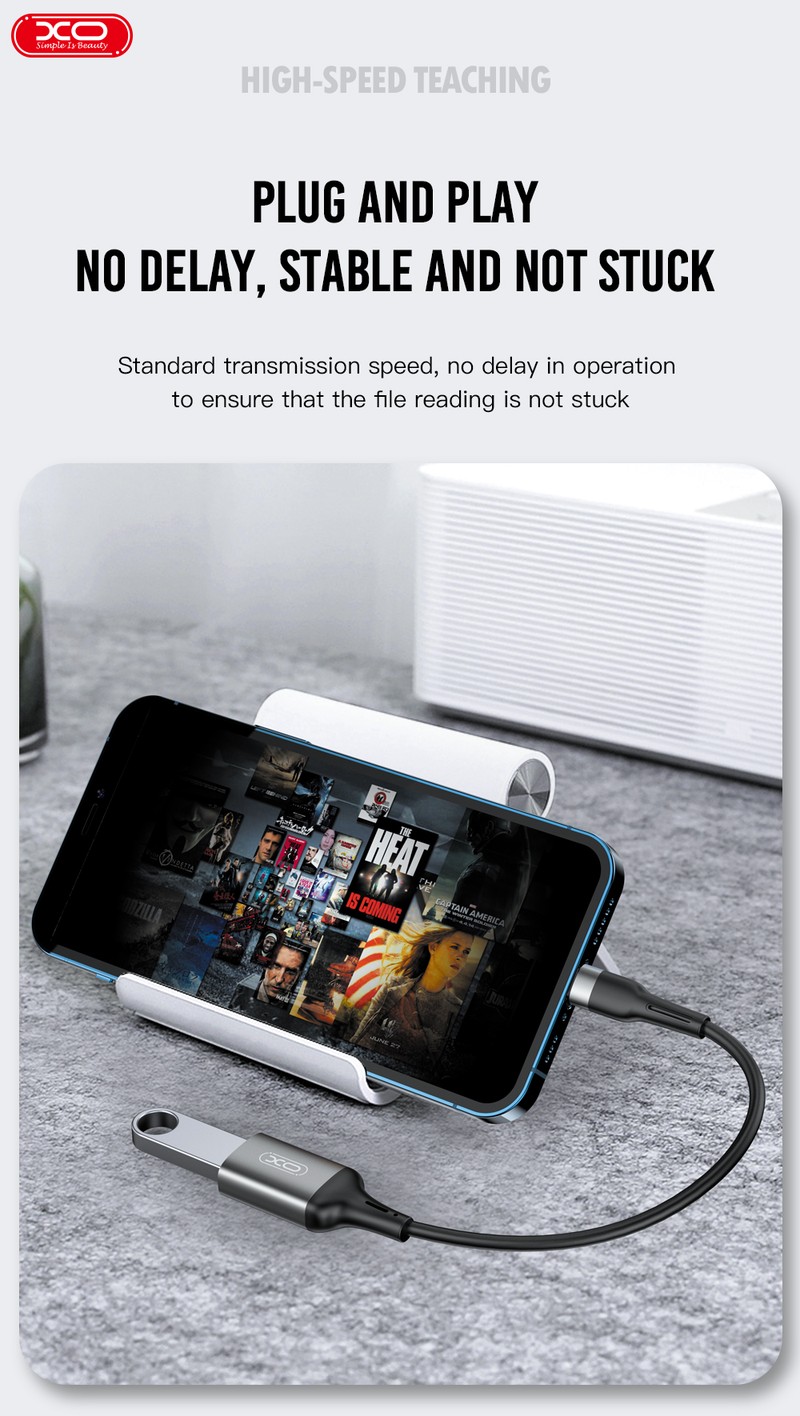 Adaptor OTG XO NB201, USB-C tata la USB 2.0 mama, cablu 0.15m, pentru date si incarcare, in cutie, negru