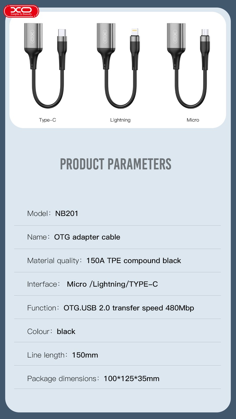 Adaptor OTG XO NB201, USB-C tata la USB 2.0 mama, cablu 0.15m, pentru date si incarcare, in cutie, negru