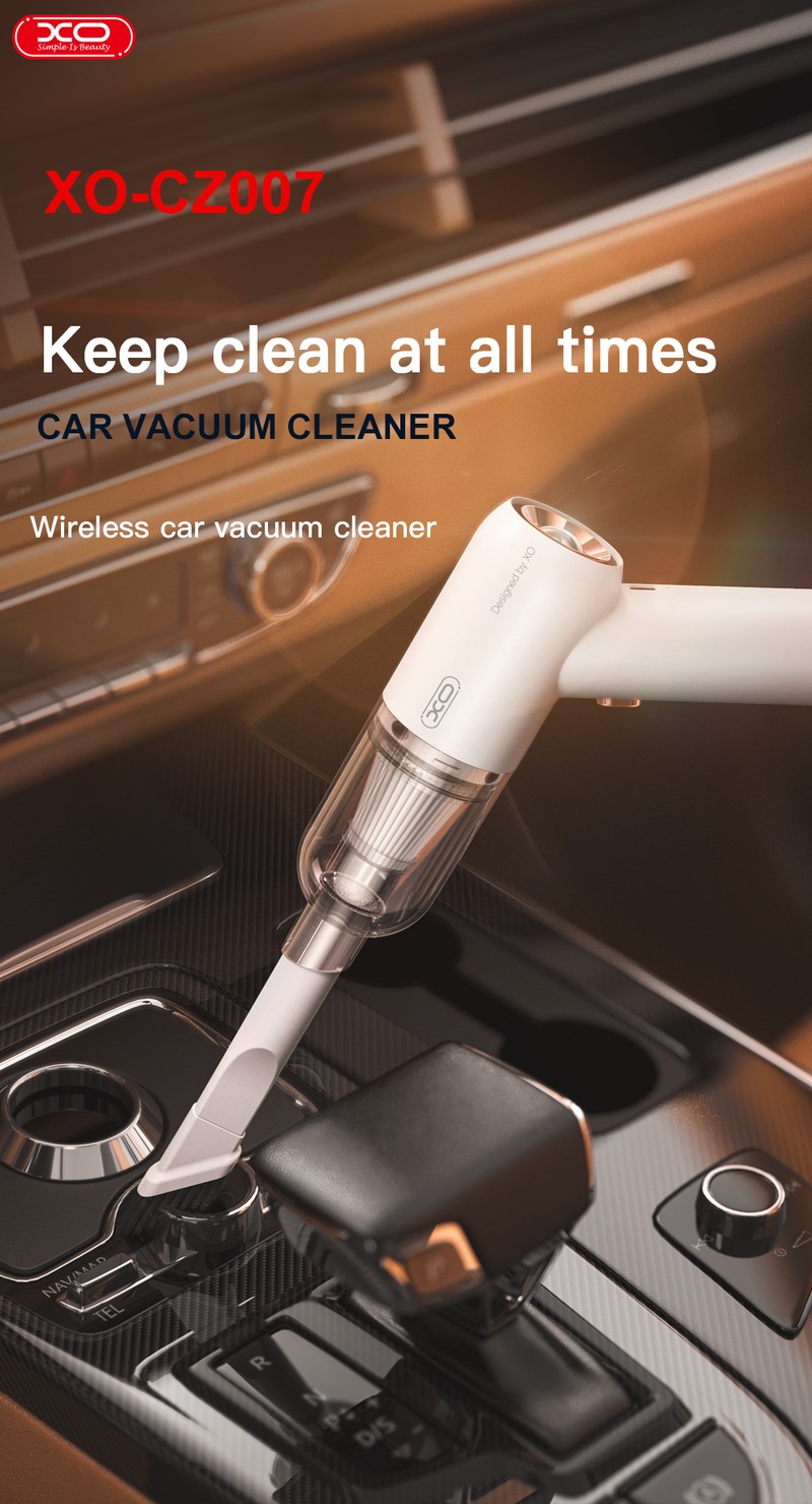 Aspirator pentru masina, XO car CZ007 wireless, 3000 mAh, 38000rpm, 3200 pa, cos colector 400 ml, sita de filtrare lavabila, 180 x 105 x 60 mm, Alb