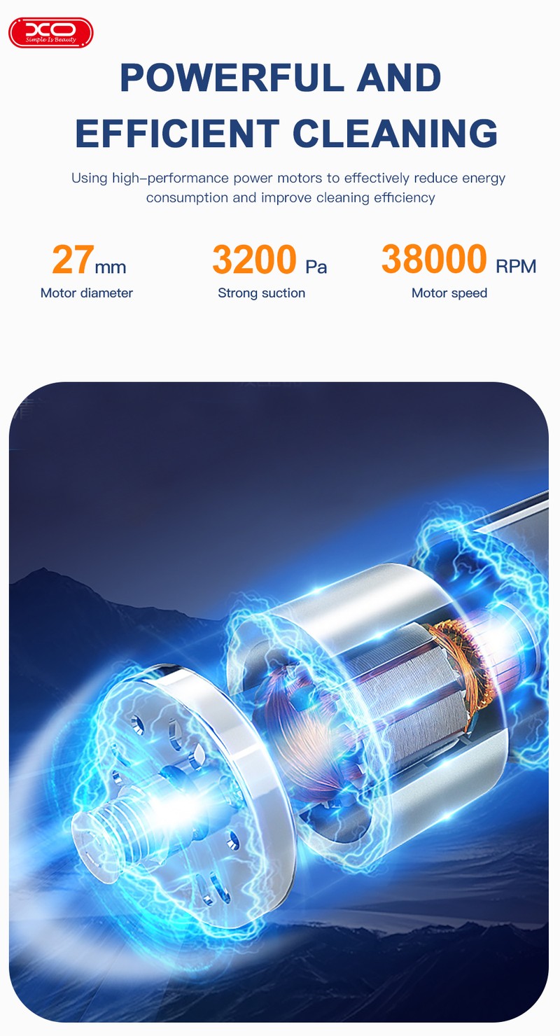 Aspirator pentru masina, XO car CZ007 wireless, 3000 mAh, 38000rpm, 3200 pa, cos colector 400 ml, sita de filtrare lavabila, 180 x 105 x 60 mm, Alb