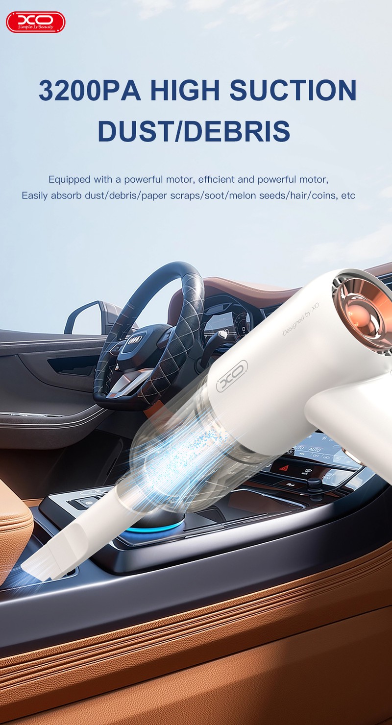Aspirator pentru masina, XO car CZ007 wireless, 3000 mAh, 38000rpm, 3200 pa, cos colector 400 ml, sita de filtrare lavabila, 180 x 105 x 60 mm, Alb